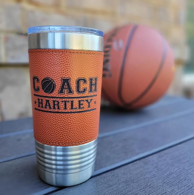 Personalized Basketball Drink Tumbler! Insulated Leatherette Travel Mug with real leather texture, Personalized Basketball Gift, 20oz