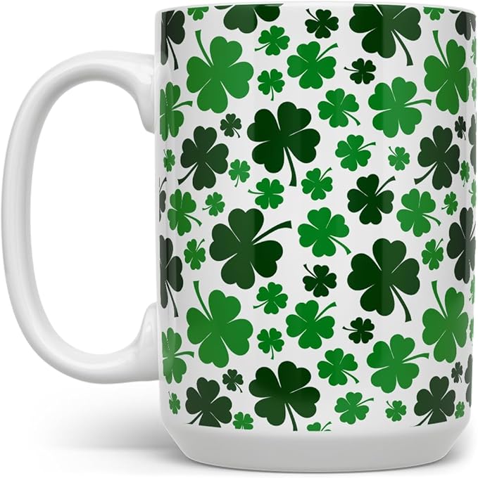 Loftipop St Patrick's Day Shamrock Coffee Mug, Green Four Leaf Clover Tea Cup, Gift for Her Mom Friend (15oz)