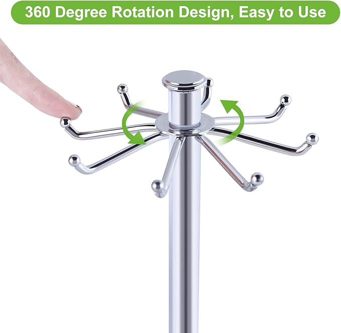 Kitchen Countertop Utensil Holder, Stainless Steel Rotatable Cooking Utensils Holder with 8 Rotating Hooks, Hanging Organizer for Spoon, Spatula, Soup Ladle, Spaghetti Server, Skimmer, Chrome