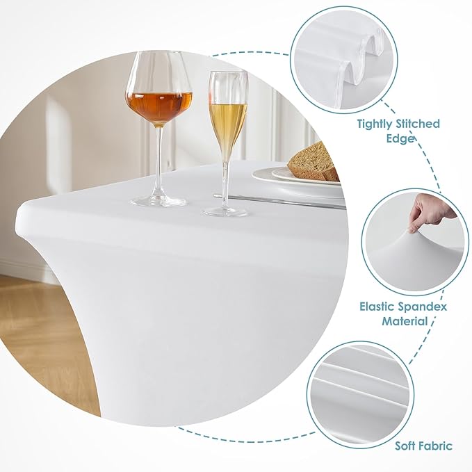 VidaFete Spandex Tablecloth 2 Pack 8FT, Fitted Stretch Table Cover for Rectangle Tables, Wrinkle Resistant and Washable Tablecloths for Outdoor, Picnic, Party, Wedding, Banquet, Birthday, White