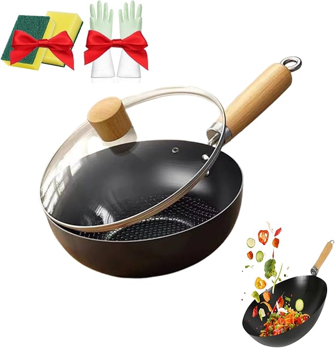 Carbon Steel Wok Pan, Fish Scale Pattern Flat Bottom Stir Fry Pan (Seasonable Nonstick, Induction & Gas Compatible) – High-Wall Handmade Pan, Sizes 20/22/24/28cm, Optional Glass Lid (26cm)