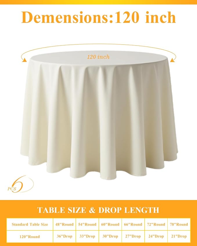 BESTVIP 6 Pack 120" Ivory Round Fabric Tablecloths - Polyester Washable Decorative Table Cloth Cover for Wedding, Reception, Banquet, Birthday, Parties, Buffets, Restaurant