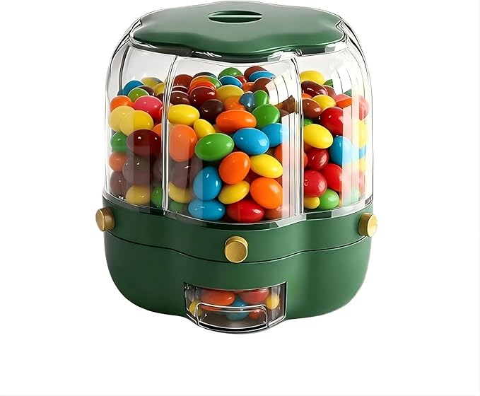 360° Rotating Candy & Grain Dispenser with 6 Compartments, One-Click Dry Food Cereal Dispenser, Large Capacity Transparent Storage Container for Rice, Grains, Nuts & Snacks (Dark green, B)