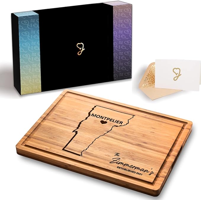 Vermont Cutting Board - Personalized Wooden States Gifts, State Shaped Destination Gifts for Host Family, Bamboo Moving Away Gifts for Home