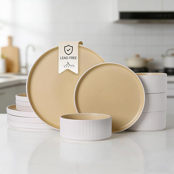 MONITO Ceramic Dinnerware Sets for 4, 12PCS Stoneware Plates and Bowls Sets, Reactive Glaze Dish Set, Chip and Scratch Resistant Double, Microwave and Dishwasher Safe, White Orange