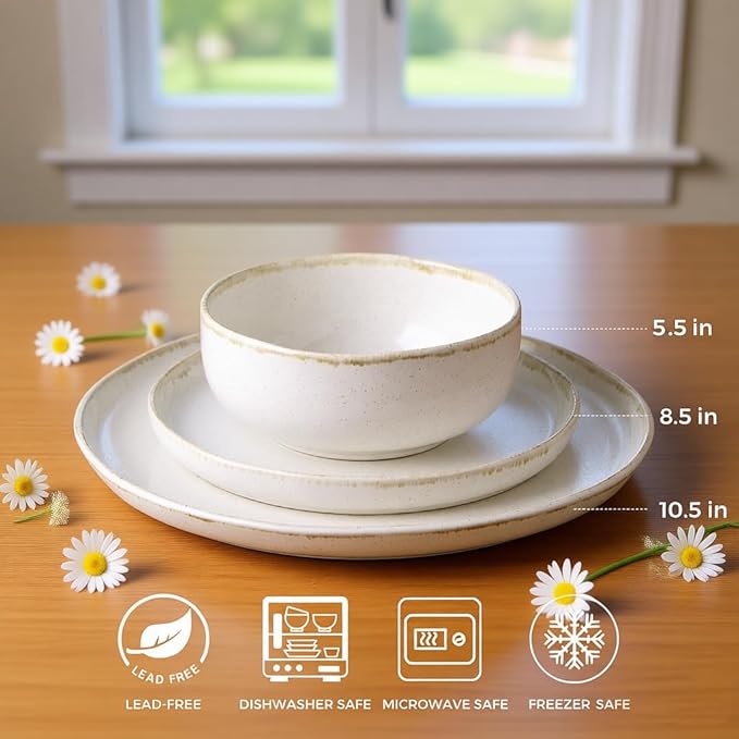 AmorArc Ceramic Dinnerware Sets, Wavy Rim Stoneware Plates and Bowls Sets, Highly Chip and Crack Resistant | Dishwasher & Microwave Dishes set, Service for 4 (12pc)-Cappuccino