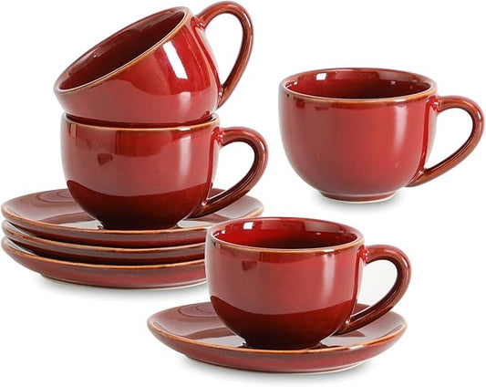 vicrays 6.5 oz Cappuccino Cups with Saucers, Set of 4, Ceramic Coffee Cup for Au Lait, Double shot, Latte, Cafe Mocha, Tea (Cherry Red)