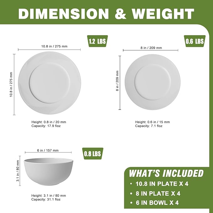 Yoshy 12-Piece White Bone China Dinnerware with Lightweight Durable Chip Resistant Design Service for 4 (12 Piece - Service for 4, Rhythmlight)