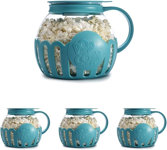 Ecolution Patented Micro-Pop Microwave Popcorn Popper with Temperature Safe Glass,3-in-1 Lid Measures Kernels and Melts Butter,Made Without BPA,Dishwasher Safe,3-Quart,Teal,(Pack of 4)