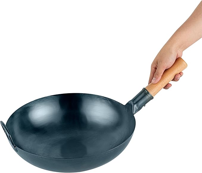 Restaurantware-Motomori 14 Inch Blue Carbon Steel Wok Pan, 1 Traditional Japanese Wok - Flat Bottom, Hand-Hammered, Carbon Steel Traditional Stir Fry Pan, With Wooden Handle