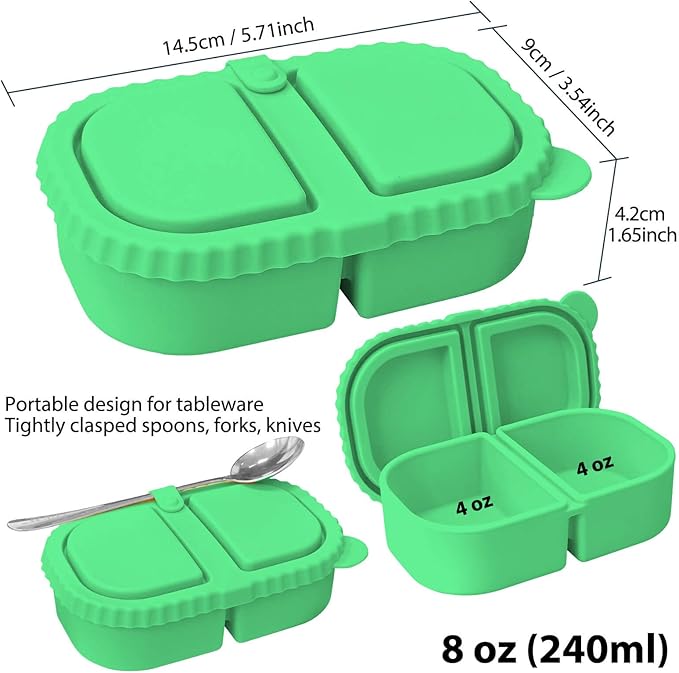 Silicone Reusable Snack Containers with Lids, 2 Compartment 8 oz Food Storage Containers Snackle Condiment Boxes Salad Dressing Sauce Seasoning Small Box for Travel Office Picnic 2 Pack Green Yellow