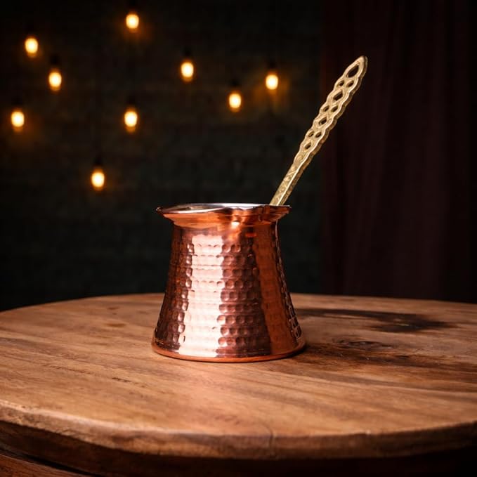 MEYA Handcrafted Copper Turkish Coffee Pot 260 ml | Stove Top Cezve for Coffee, Milk, Butter & Chocolate | Fast Even Heating | Wooden Measuring & Stirring Spoons Included (Medium)