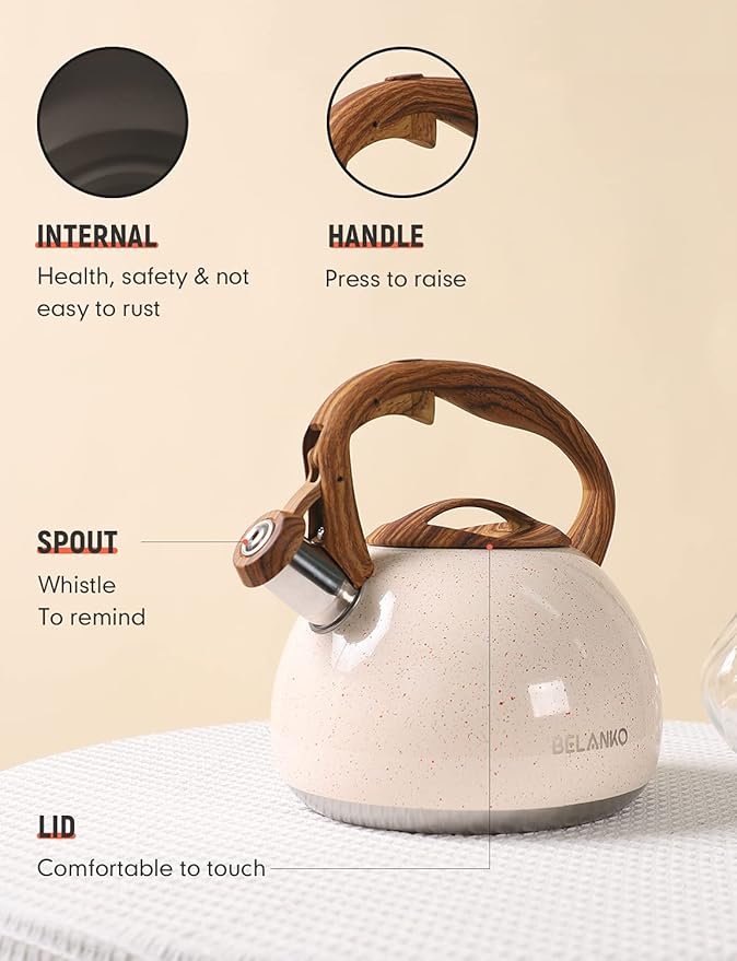 BELANKO 2.7 Quart Tea Kettle for Stovetops - Food Grade Stainless Steel Teapot with Loud Whistle, Cool-Touch Wood Pattern Handle, Rust-Resistant Whistling Kettle - Starry Cream
