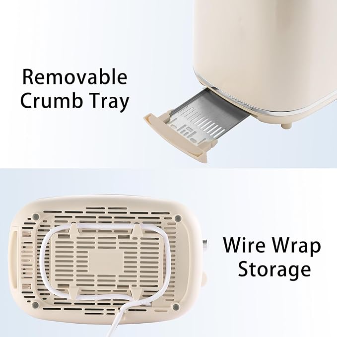2-Slice Toaster, Wide Slots, 7 Bread Shade Settings, Stainless Steel, Bagel, Cancel, and Defrost Functions, Removable Crumb Tray, Retro Style Toaster,Beige