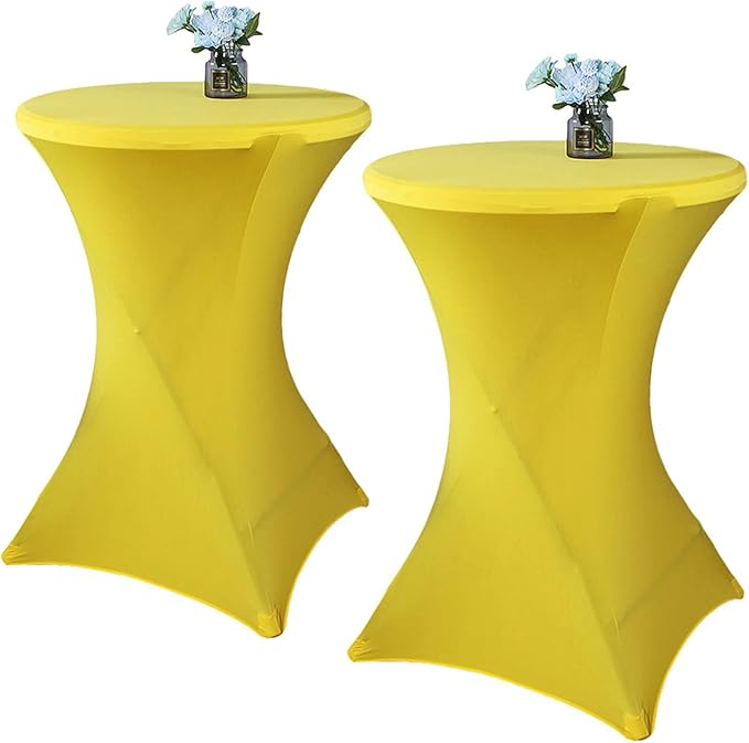 2 Pack 32x43 Inch Yellow Cocktail Tablecloth Spandex Round Fitted Table Cover for Wedding Banquet Event Party