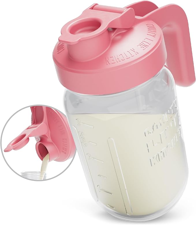 County Line Kitchen Glass Breast Milk Pitcher with Lid - Wide Mouth, 1 Quart (32 oz) - Heavy Duty, Leak Proof - Sun & Iced Tea Pitcher, Cold Brew Coffee, Breast Milk Storage, Water - Pink