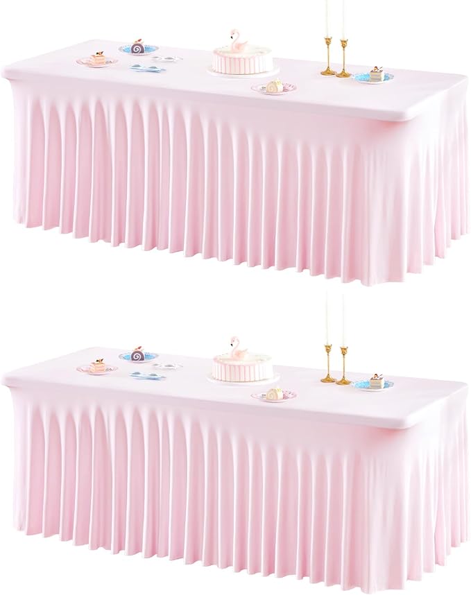 2 Packs Baby Pink Spandex Tableclothes for 8 Foot Rectangle Table, Spandex Table Covers 8FT Stretch Table Skirts Rectangle Wrinkle Free Fitted Table Cover for Event, Wedding, Banquet & Parties