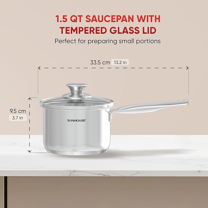 Sunhouse – 1.5 quart Stainless Steel Sauce Pan with Lid - PFOA-FREE, Stainless Steel Sauce Pan, Induction base, Stay-Cool Handle, Compatible with All Cooktops Gas, Geramic, Electric etc.