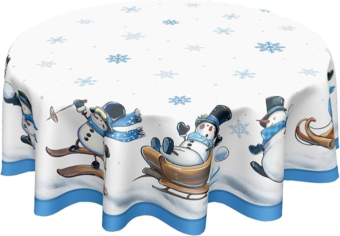Winter Snowman Tablecloth Round 70 Inch Blue and White Christmas Snowman Snowflake Snow Circle Table Cloth Xmas Holiday Table Cover for Kitchen Dinner Home Decor