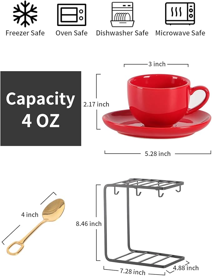 vicrays Ceramic Espresso Coffee Cups - 4 oz Porcelain Espresso Cups Set with Saucers Spoons and Metal Stand for Tea Cafe Cappuccino Latte - Set of 6 - Red