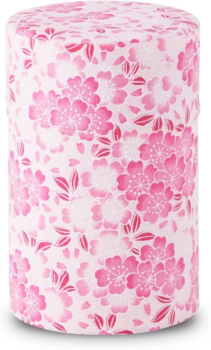 NOREN Japanese Tea Canister Tin (Yuzen Washi Paper), 3.5oz Size Made in JAPAN with Includes Inner Lid of Airtight Damp-Proof/Kitchen Jar for Loose Leaf Coffee Tea Spice and More (Oboro Sakura/Pink)