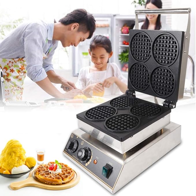 Commercial Nonstick Electric Waffle Maker, 1750W 110V Stainless Steel Commercial Waffle Iron Machine Round Nonstick Waffle Maker Electric Indoor Bread Maker for Restaurant Bakeries