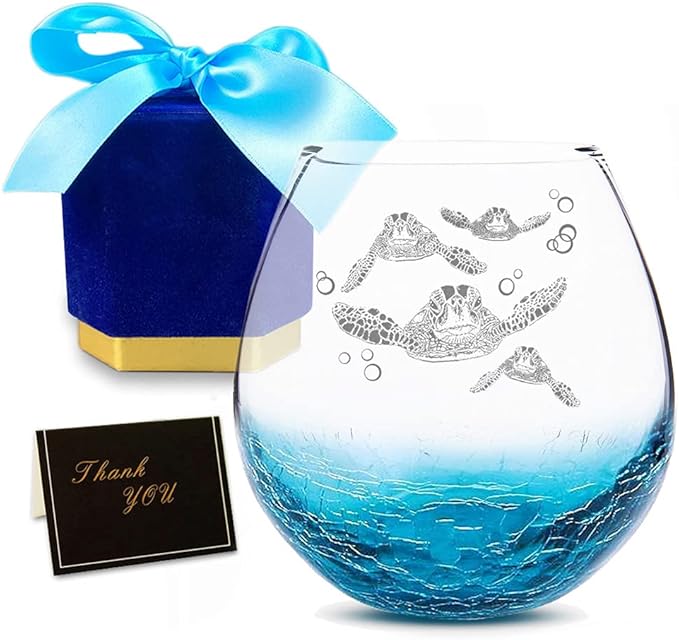 Sea Turtle Gifts for Women, Etched Sea Turtles Family Handmade Engraved Crackle Turquoise Beach Wine Glass With Velvet Gift Box 18 Ounces