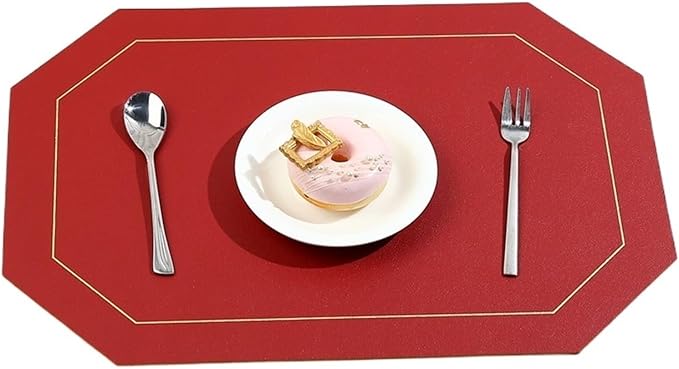 Placemat for Dining Table Waterproof Non-Slip Octagonal Leather Place Mat Kitchen Accessories Coaster Cup Pad Two Sided Color(Wine red)