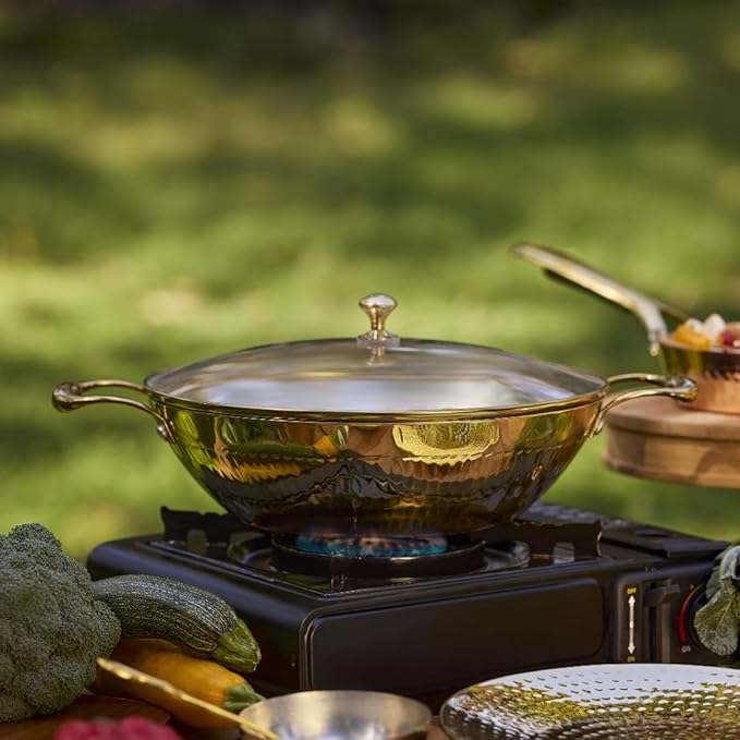 P-TAL Brass Kadhai 3L with Insulated Heat-Resistant Handle and Glass Lid | 100% Pure Brass Tin Coated Kadai for Cooking | Non-Stick and Chemical-Free (Free 30ml Copper & Brass Cleaning Solution)