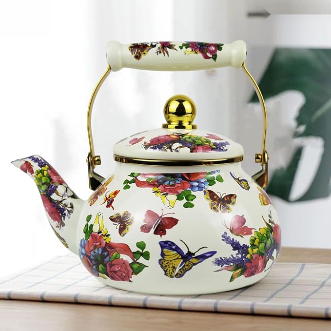 2.5L Vintage Enamel Tea Kettle, Butterfly Floral Stovetop Teapot with Porcelain Handle, Enamel Kettle for Home/Camping/Tea Party, Ideal Christmas/Housewarming Gift