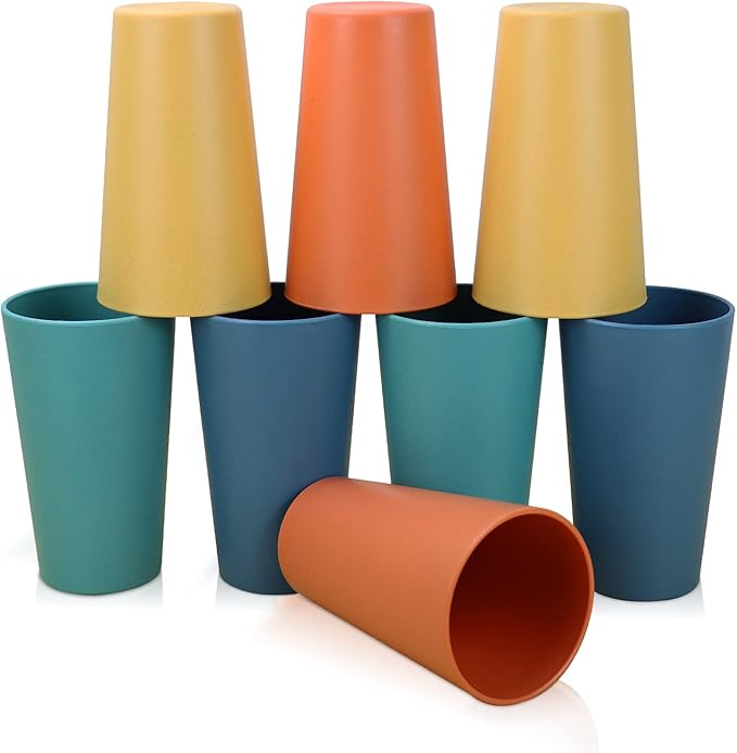 Homienly Reusable Plastic Cups - Wheat Straw Unbreakable Drinking Glasses & Water Glasses | Multi-Color Stackable Plastic Cups, Dishwasher Safe | Glassware & Cup Sets for Kitchen (20 oz 8-Pack)
