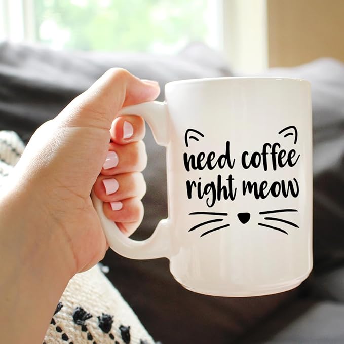 Bevvee Need Coffee Right Meow - Funny Cat Themed Coffee Mug Gifts & Decor - Large 15oz White Ceramic Mug