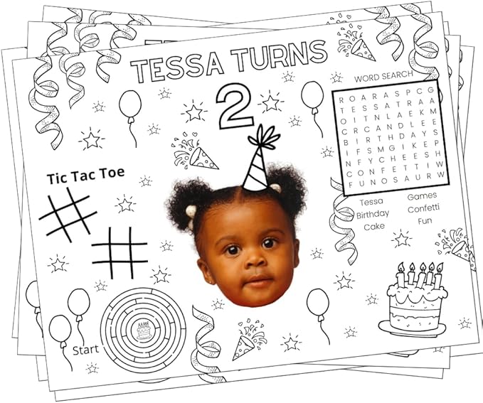 Custom Coloring Placemat Activity Sheets, Personalized Birthday Party Favors for Childrens Table Decorations, Set of 12 Coloring Pages
