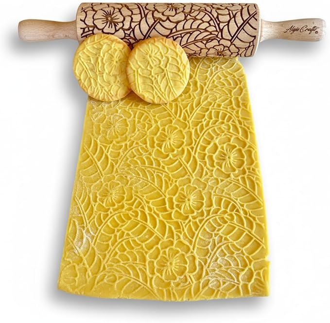 DOILY Embossing Rolling Pin with Flowers Pattern. Dough and Clay Roller for Embossed Cookies and Pottery. Cookie and Ceramic Stamp. Backing Gifts for Women by Algis Crafts