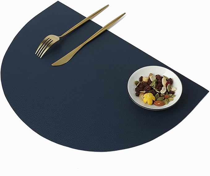 Semicircle PU Leather Table Mat Waterproof Heat Insulation Non-Slip Placemat Tableware Pad Coaster Kitchen Accessories 4pcs(Dark Blue)