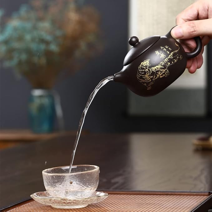 Xishi Teapot 7oz Chinese Yixing Zisha Clay Pot Ceramics Purple Sand Mud Kungfu Tea Set Kettle Spherical Filter (Black with golden tiger)