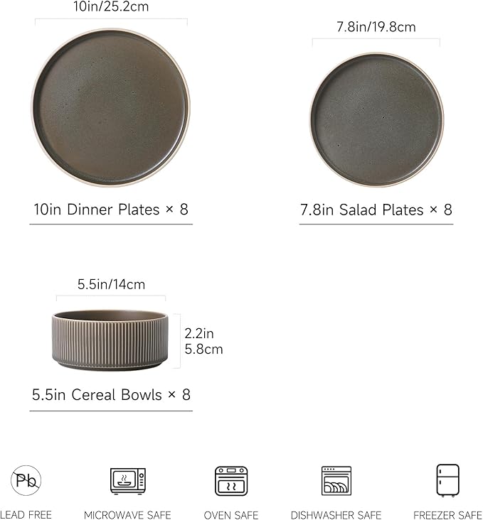 Dinnerware Set Service for 8, 24-Piece Ceramic Plates and Bowls Set, Chip & Scratch Resistant, Microwave and Dishwasher Safe, Modern Minimalist Tableware for Everyday Use, Matte Green