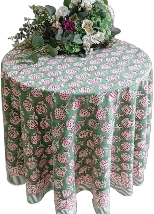 ATOSII Roma Green 100% Cotton Round Tablecloth, Handblock Print Floral Table Cloth for Kitchen Dining Linen I Parties, Weddings, Outdoors, Spring Summer Decor I 90" Inches Round