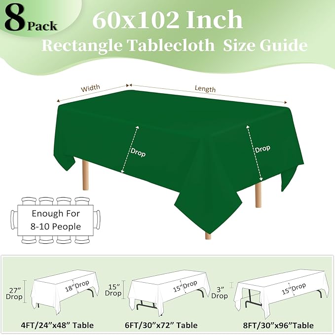 8 Pack Green Table Cloth 60x102 Inch Rectangle Tablecloth for 6 Foot Rectangle Tables, Wrinkle Resistant Washable Polyester Fabric Rectangular Table Cover for Dining Banquet Wedding Party