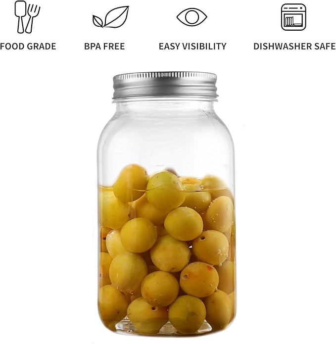 novelinks 32 oz Plastic Mason Storage Jars with Lids, 6 Pack BPA-Free Clear Plastic Jars with Lids 32oz, Leak-Proof Plastic Quart Containers for Kitchen and Home Use (Silver)