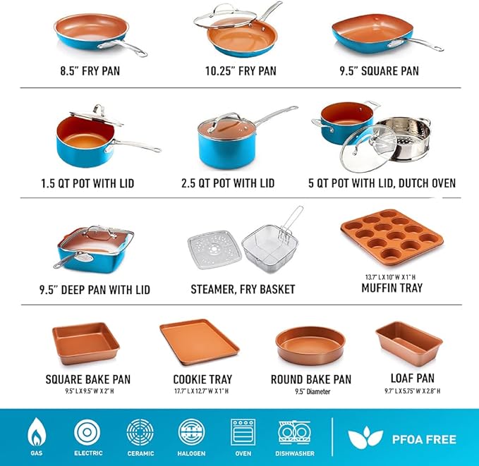 GOTHAM STEEL 20 Piece Copper Pots and Pans Set Nonstick Cookware Set + Complete Ceramic Bakeware Set for Kitchen with Long Lasting Non Stick, Dishwasher/Oven Safe, Non Toxic – Turquoise