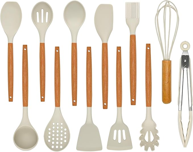 Kitchen Utensils Set - Silicone Cooking Utensils Set - 12 Pcs for Cooking, Spatula,Turner, Spoon, Brush, Useful Pots and Pans Accessories, Kitchen Gadgets for Non-Stick Cookware BPA FREE