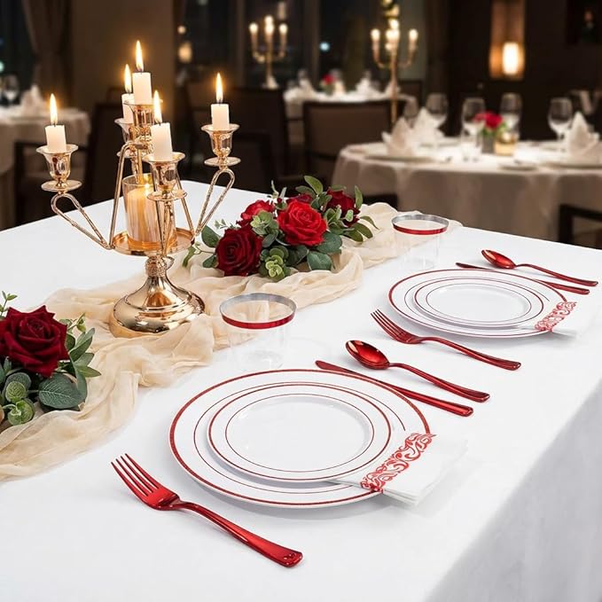 WELLIFE 700 Pcs Red Plastic Plates for 100 Guests - Plastic Dinnerware Set,Party Supplies Includes 200 Red Disposable Plates,300 Silverware,100 Napkins,100 Cups,Valentines Plates