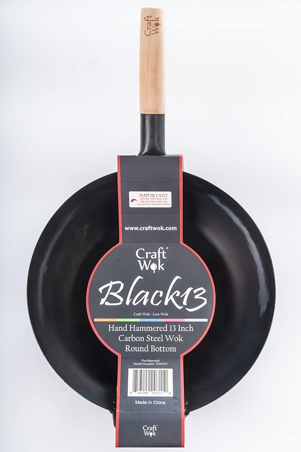 Craft Wok Black13 Pre-Seasoned Hand Hammered Carbon Steel Pow Wok with Wooden and Steel Helper Handle (13 Inch, Round Bottom)