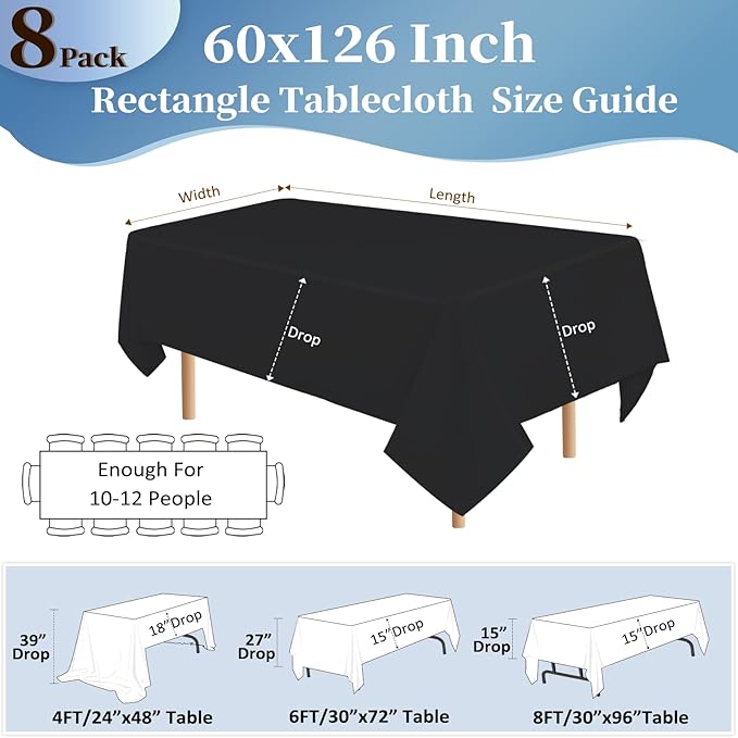 8 Pack Black Tablecloths 60x126 Inch Table Cloths for 8 Foot Rectangle Tables, Wrinkle Resistant Washable Rectangular Fabric Table Cover for Dining Wedding Banquet Camping Party