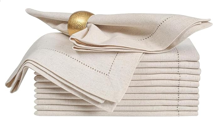 Homidate Linen Flax Cotton Cloth Dinner Napkins Set of 12 – 18x18 Natural Fabric with Hemstitched Mitered Corners – Machine Washable Wedding, Cocktail & Party Table Napkins