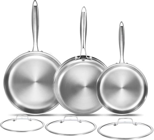 DELARLO Tri-ply Stainless Steel Frying Pan Set with Lid 8" 10" 12" Induction large Skillets Chef's Pan,Pots and Pans Set Kitchen Cookware Set Suitable for All Stove