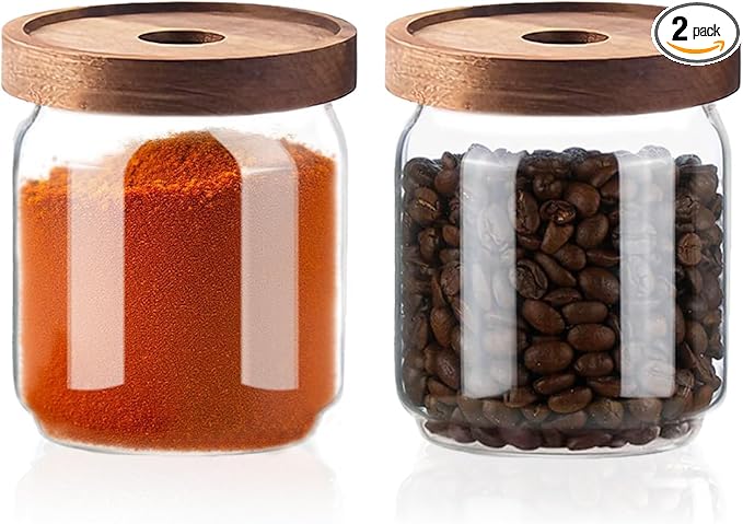 Glass Jars with Airtight Wood Lids - 17 oz Small Kitchen Pantry Storage Containers, Stackable Decorative Canisters for Chia Seed, Tea, Ground Coffee, Sugar, Spice, Salt, Matcha, Nuts, Q-Tip, Set of 2