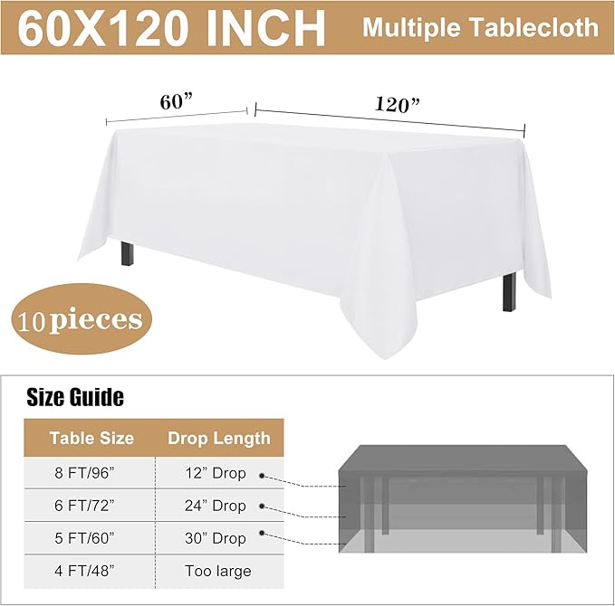 sancua 10 Pack White Tablecloth 60 x 120 Inch, Rectangle Table Cloth for 8 Feet Tables - Stain and Wrinkle Resistant Washable Polyester Table Cover for Dining Tables, Buffet Parties and Camping