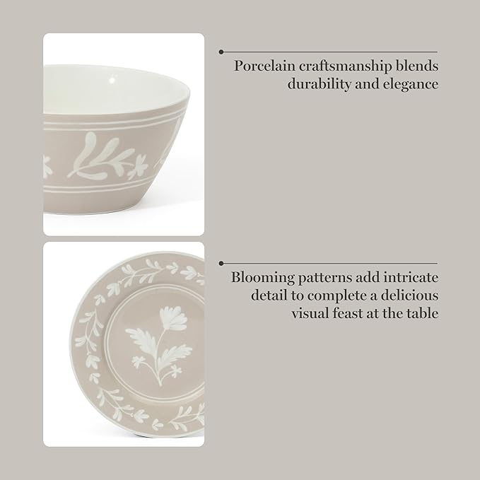 Martha Stewart Maiden Crown 12-Piece Taupe Dinnerware Set – New Bone China Ceramic Plates & Bowls – Floral Design – Service for 4 – Dishwasher & Microwave Safe